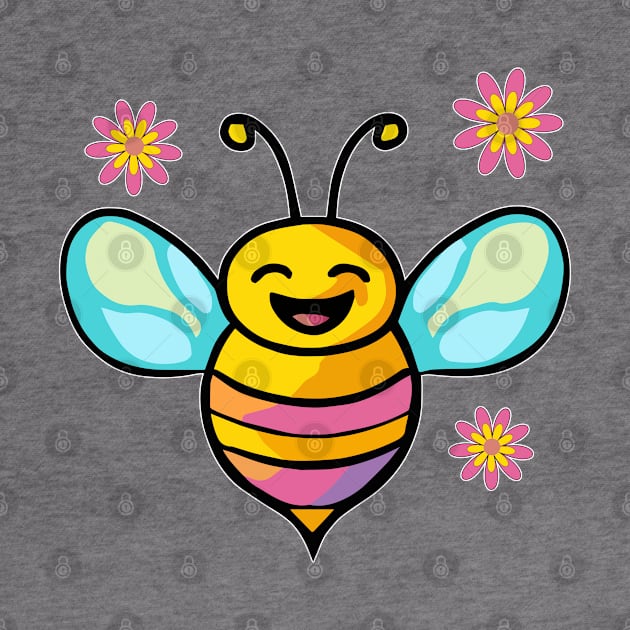 Happy smiling baby bee with flowers. Kawaii cartoon by SPJE Illustration Photography